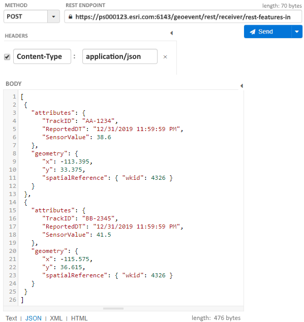 2 つのフィーチャ レコードを持ち、ポイント ジオメトリを含むフィーチャ JSON を配列として整理 2 つのフィーチャ レコードを持ち、ポイント ジオメトリを含むフィーチャ JSON を配列として整理